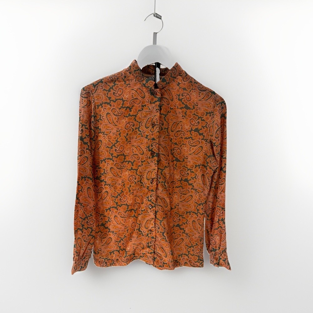 Lanvin Paris Silk Button Front Blouse Paisley Print High Neck Size 10 Vintage